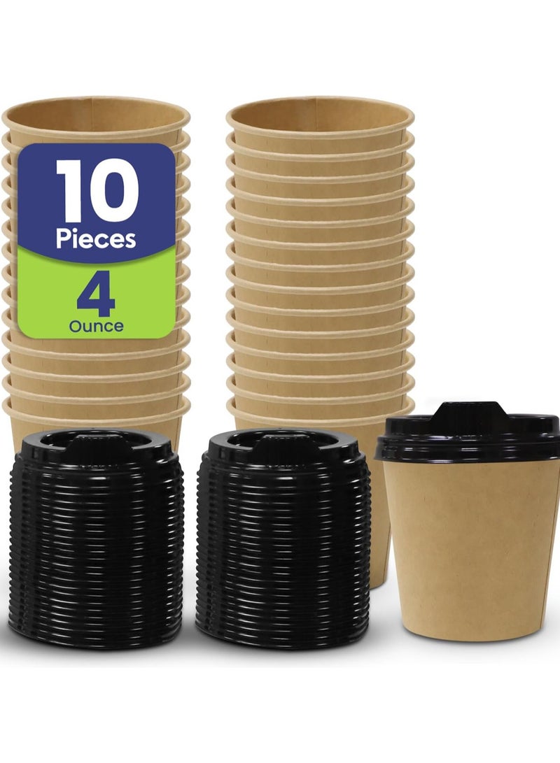 SNH Packing أكواب قهوة ورقية disposable سعة 4 أونص (عبوة من 10) من SNH Packing مع غطاء بني - أكواب disposable ذات جدار واحد مع غطاء للمشروبات الباردة والساخنة - أكواب قهوة disposable مثالية للمقاهي والمكاتب. - Image 1